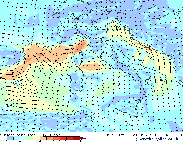 Surface wind (bft) UK-Global Fr 31.05.2024 00 UTC