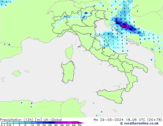 Precipitación (12h) UK-Global mié 29.05.2024 06 UTC