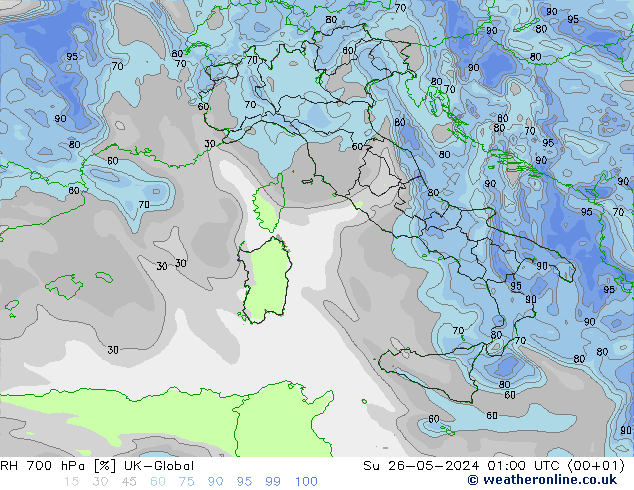 RH 700 hPa UK-Global So 26.05.2024 01 UTC