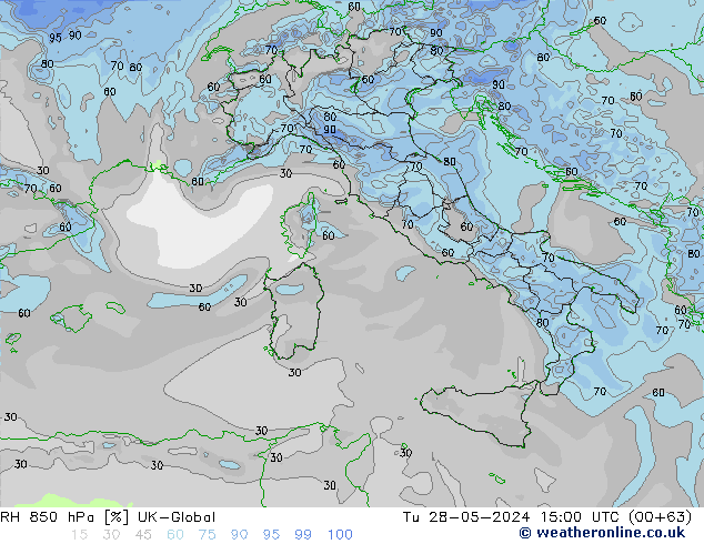 RH 850 hPa UK-Global wto. 28.05.2024 15 UTC