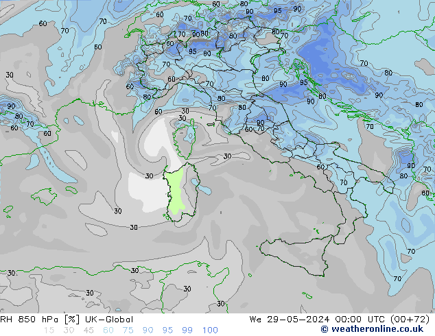 RH 850 гПа UK-Global ср 29.05.2024 00 UTC