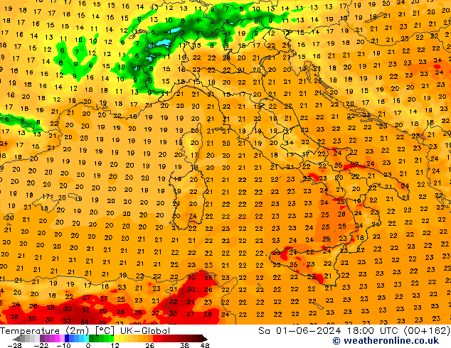 Temperature (2m) UK-Global So 01.06.2024 18 UTC