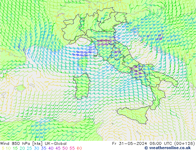 Wind 850 hPa UK-Global Pá 31.05.2024 06 UTC