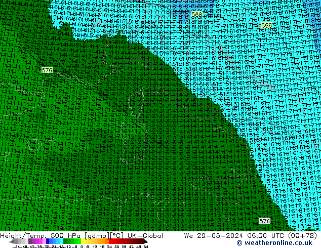 Height/Temp. 500 hPa UK-Global  29.05.2024 06 UTC