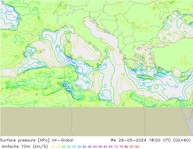 Isotachs (kph) UK-Global mer 29.05.2024 18 UTC