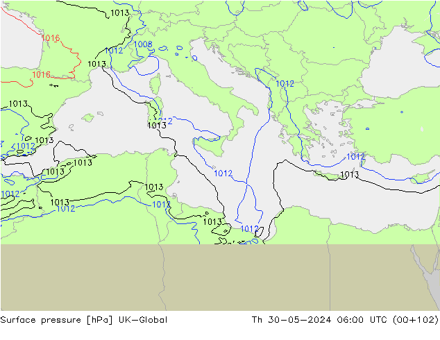 Atmosférický tlak UK-Global Čt 30.05.2024 06 UTC