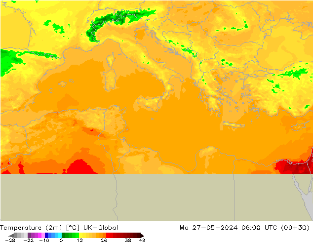 Temperature (2m) UK-Global Po 27.05.2024 06 UTC