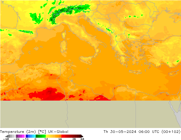 mapa temperatury (2m) UK-Global czw. 30.05.2024 06 UTC