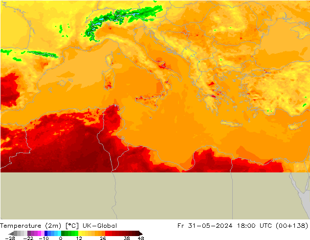 mapa temperatury (2m) UK-Global pt. 31.05.2024 18 UTC