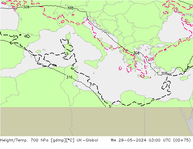 Yükseklik/Sıc. 700 hPa UK-Global Çar 29.05.2024 03 UTC