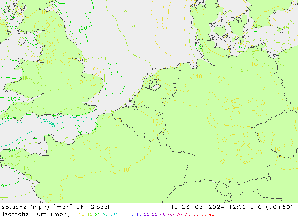 Isotachen (mph) UK-Global Di 28.05.2024 12 UTC