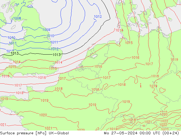 Surface pressure UK-Global Mo 27.05.2024 00 UTC