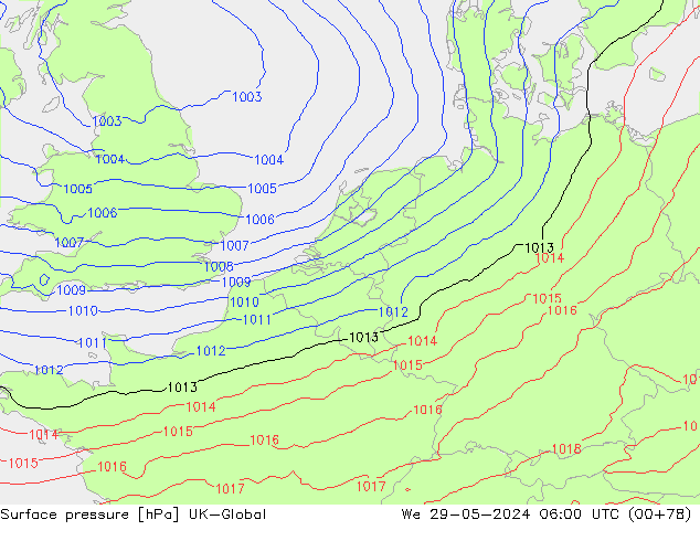 Surface pressure UK-Global We 29.05.2024 06 UTC