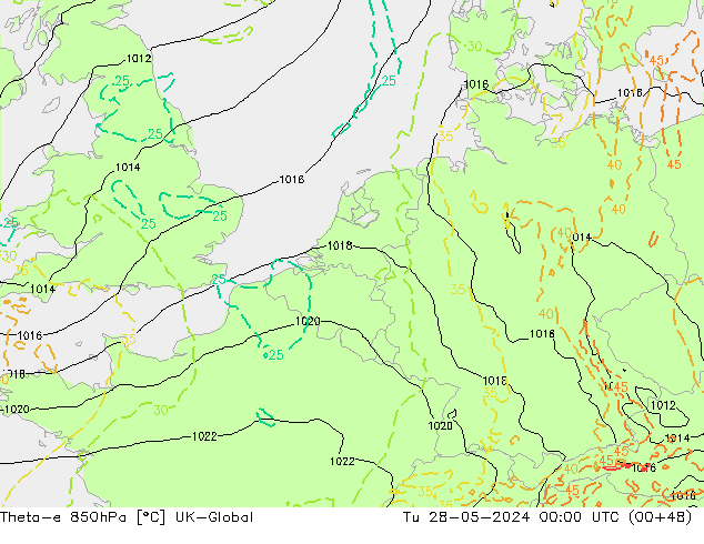 Theta-e 850hPa UK-Global Tu 28.05.2024 00 UTC