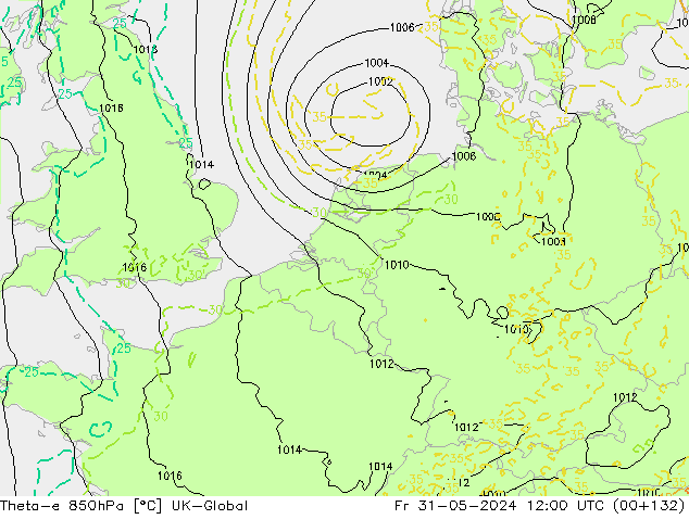 Theta-e 850hPa UK-Global ven 31.05.2024 12 UTC