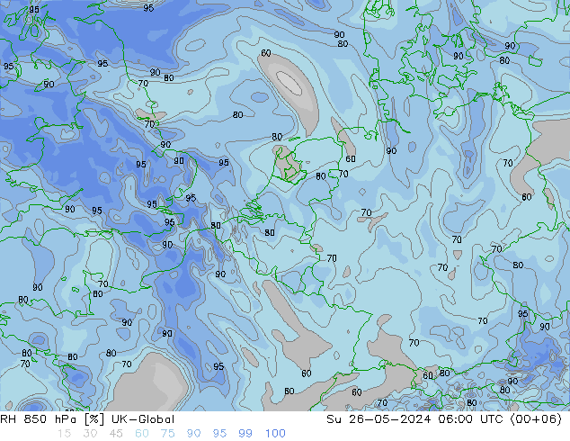 Humedad rel. 850hPa UK-Global dom 26.05.2024 06 UTC