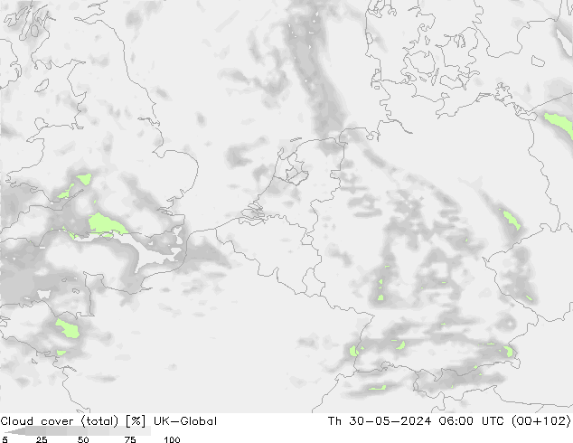 Cloud cover (total) UK-Global Čt 30.05.2024 06 UTC