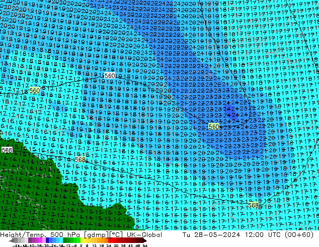 Height/Temp. 500 hPa UK-Global wto. 28.05.2024 12 UTC