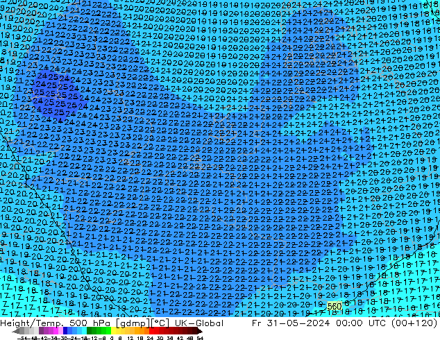 Hoogte/Temp. 500 hPa UK-Global vr 31.05.2024 00 UTC