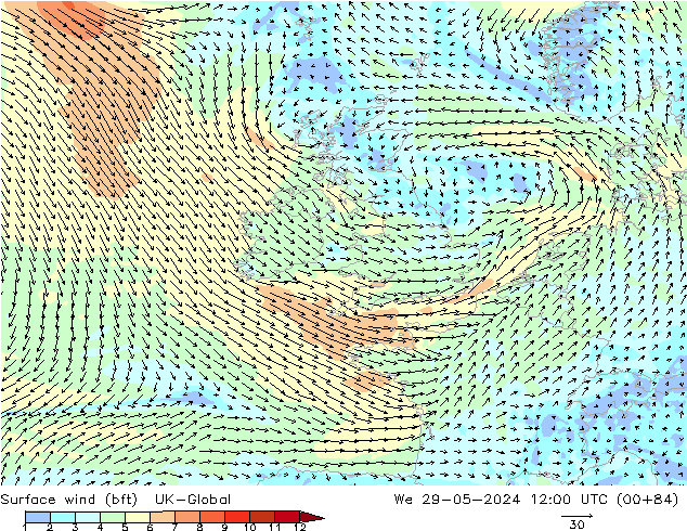 Vento 10 m (bft) UK-Global Qua 29.05.2024 12 UTC