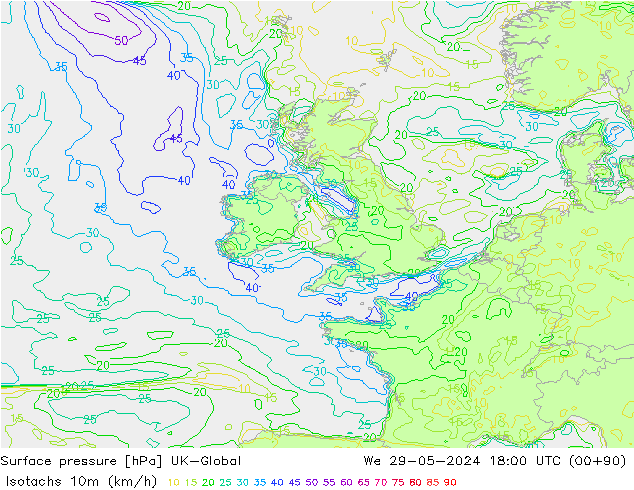 Isotachs (kph) UK-Global  29.05.2024 18 UTC