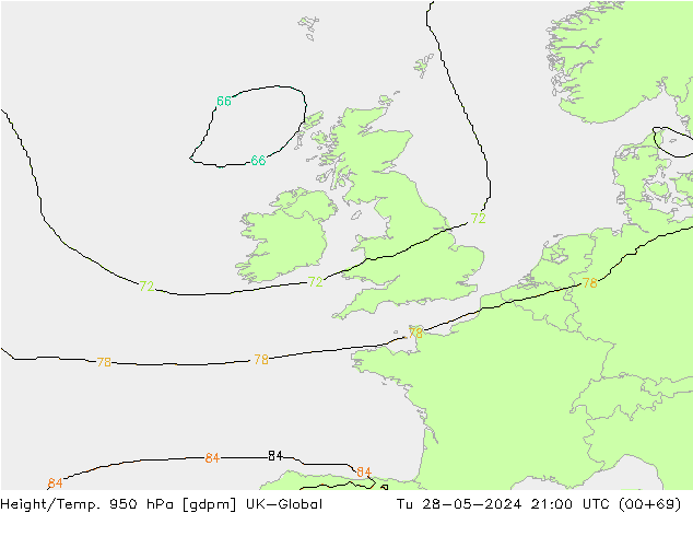 Height/Temp. 950 hPa UK-Global Tu 28.05.2024 21 UTC