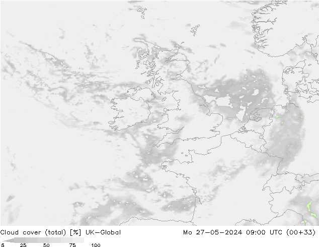 Cloud cover (total) UK-Global Mo 27.05.2024 09 UTC