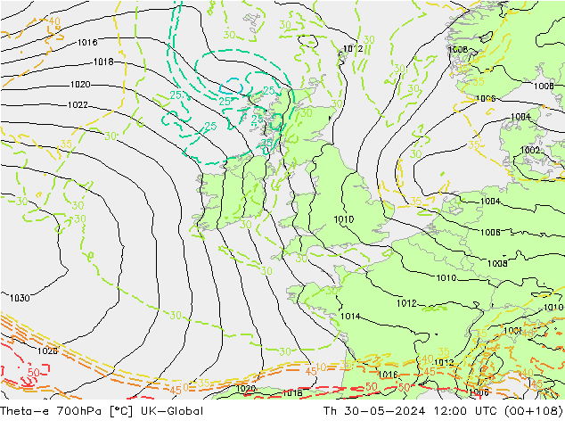 Theta-e 700hPa UK-Global Th 30.05.2024 12 UTC