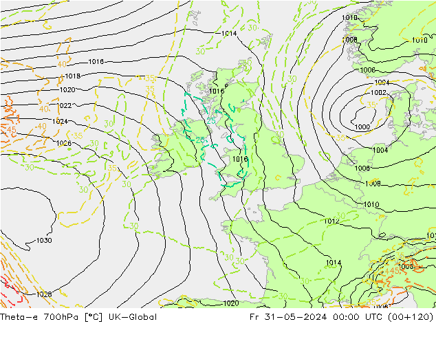 Theta-e 700hPa UK-Global Fr 31.05.2024 00 UTC