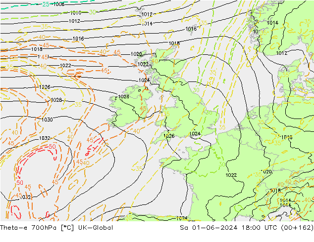 Theta-e 700hPa UK-Global  01.06.2024 18 UTC