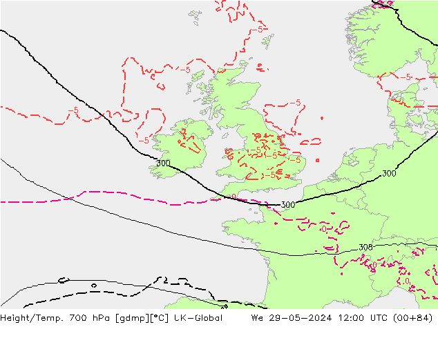 Height/Temp. 700 hPa UK-Global We 29.05.2024 12 UTC