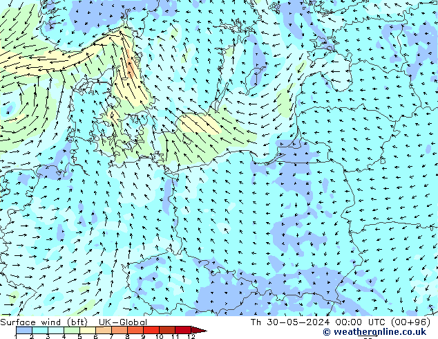 Vento 10 m (bft) UK-Global Qui 30.05.2024 00 UTC