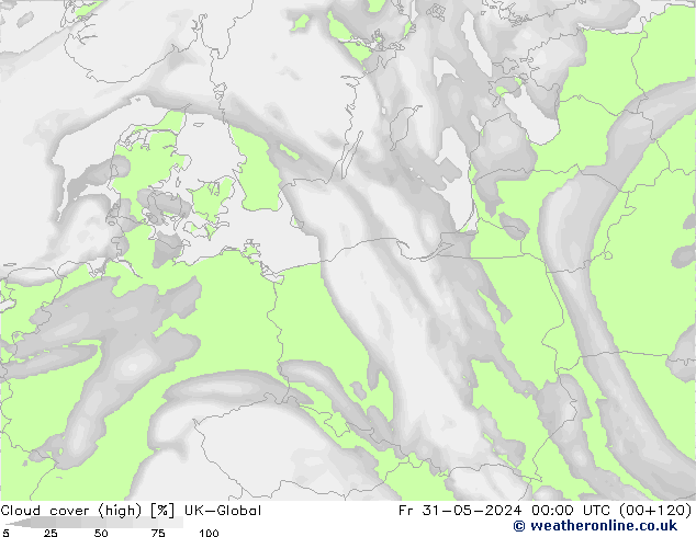 Cloud cover (high) UK-Global Fr 31.05.2024 00 UTC