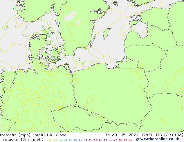 Isotaca (mph) UK-Global jue 30.05.2024 12 UTC