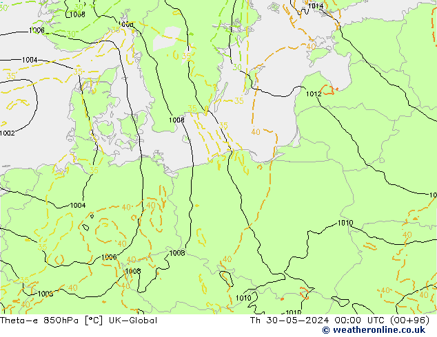 Theta-e 850hPa UK-Global Th 30.05.2024 00 UTC