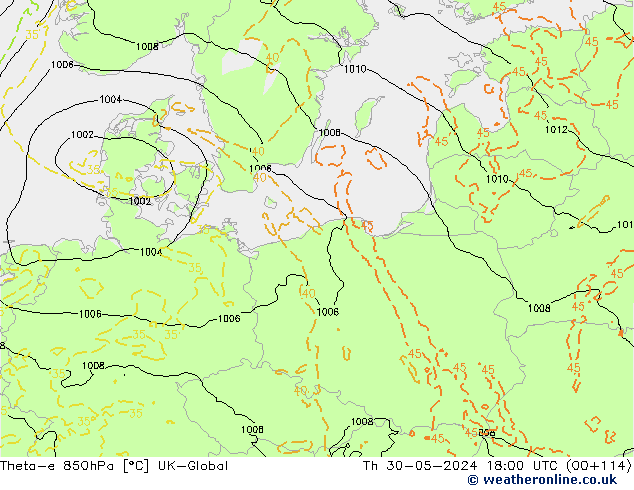 Theta-e 850hPa UK-Global Per 30.05.2024 18 UTC