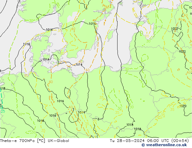 Theta-e 700hPa UK-Global Ter 28.05.2024 06 UTC
