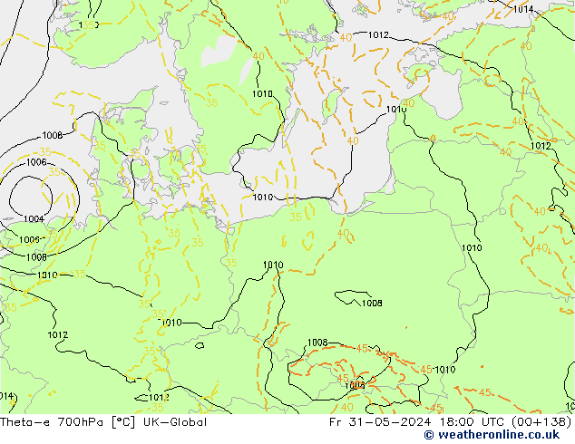 Theta-e 700hPa UK-Global Fr 31.05.2024 18 UTC