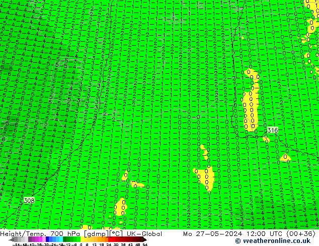 Height/Temp. 700 hPa UK-Global Mo 27.05.2024 12 UTC