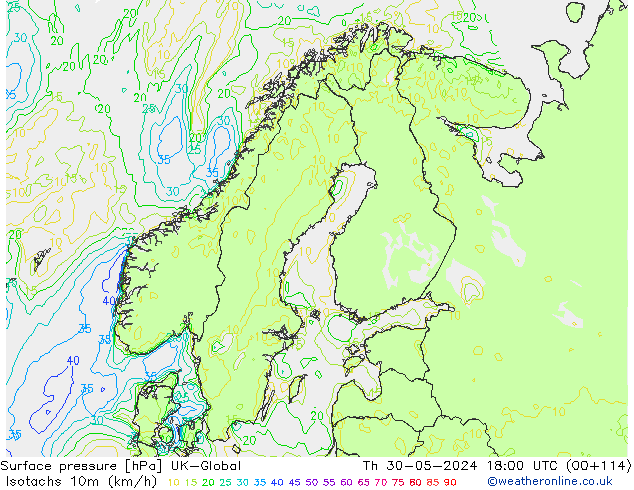 Isotachs (kph) UK-Global Qui 30.05.2024 18 UTC