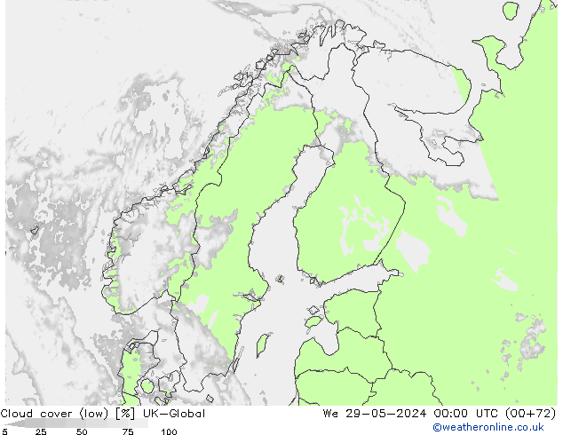 Cloud cover (low) UK-Global We 29.05.2024 00 UTC