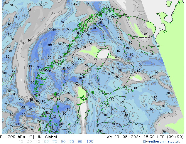 Humedad rel. 700hPa UK-Global mié 29.05.2024 18 UTC