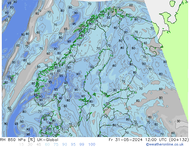 Humidité rel. 850 hPa UK-Global ven 31.05.2024 12 UTC