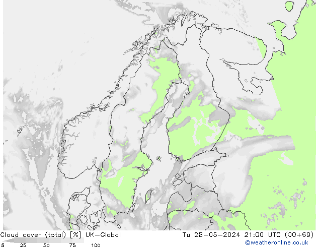 Cloud cover (total) UK-Global Tu 28.05.2024 21 UTC