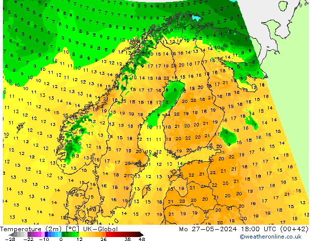 Temperaturkarte (2m) UK-Global Mo 27.05.2024 18 UTC