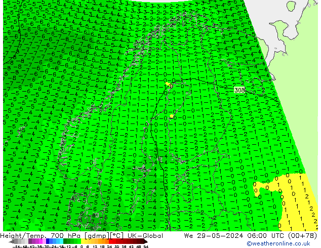 Height/Temp. 700 hPa UK-Global Mi 29.05.2024 06 UTC