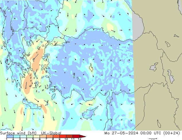 Rüzgar 10 m (bft) UK-Global Pzt 27.05.2024 00 UTC