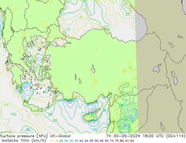 Isotachs (kph) UK-Global Th 30.05.2024 18 UTC