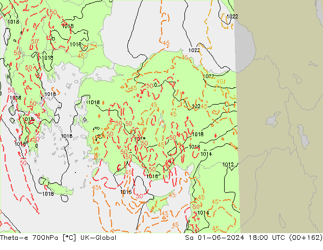 Theta-e 700hPa UK-Global sáb 01.06.2024 18 UTC