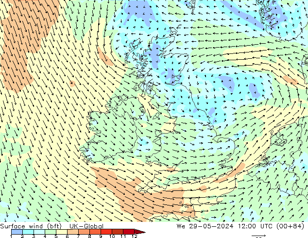 Surface wind (bft) UK-Global We 29.05.2024 12 UTC